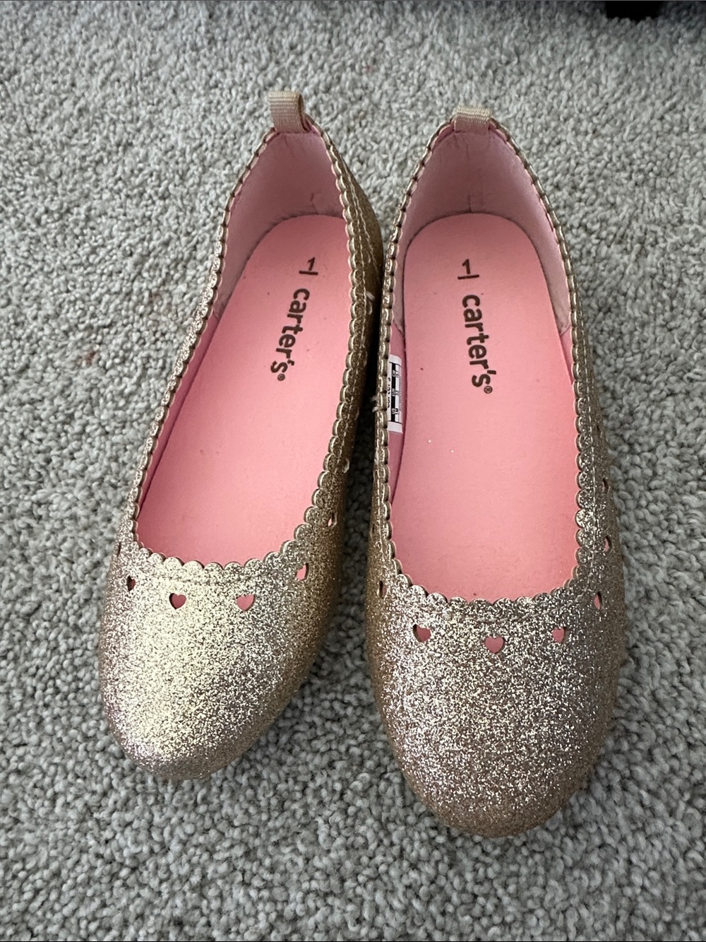 Carter’s gold sparkly heart cutout flats girls size 1